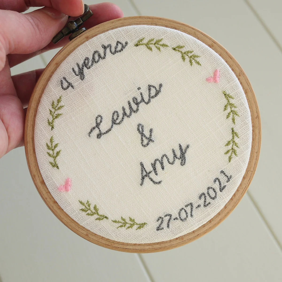 4th Linen Anniversary Personalised Gift Embroidered Hoop