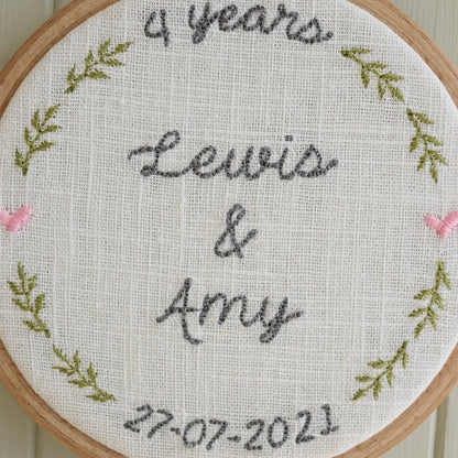4th Linen Anniversary Personalised Gift Embroidered Hoop