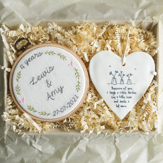 4th Linen Anniversary Personalised Gift - Embroidered Hoop with Porcelain Keepsake