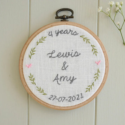 4th Linen Anniversary Personalised Gift - Embroidered Hoop with Porcelain Keepsake
