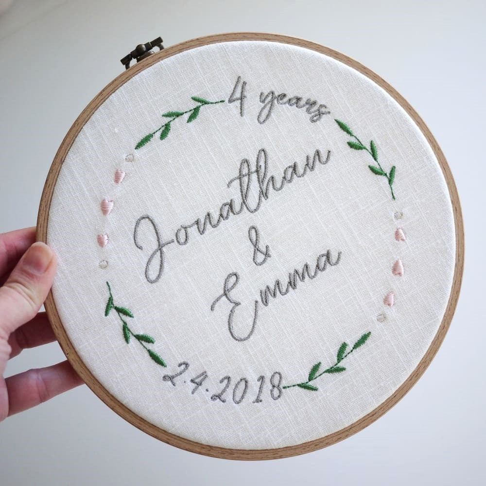 Personalised 4th Wedding Anniversary Custom Embroidered Hoop