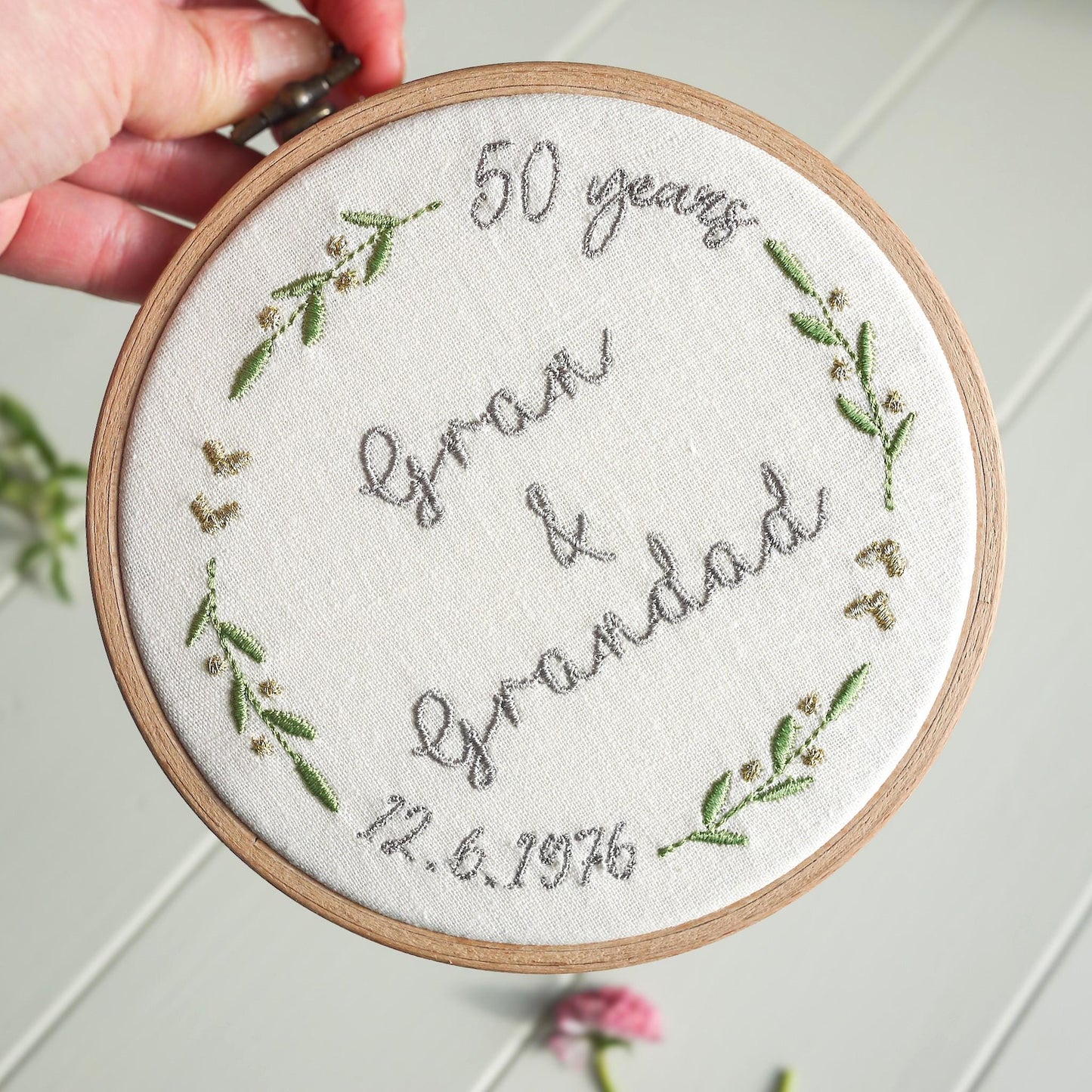50th Golden Wedding Anniversary Personalised Embroidered Hoop Decoration