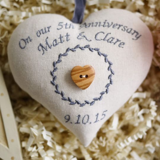 5th Anniversary Embroidered Heart and Gift Box 5th Wooden Anniversary Gifts