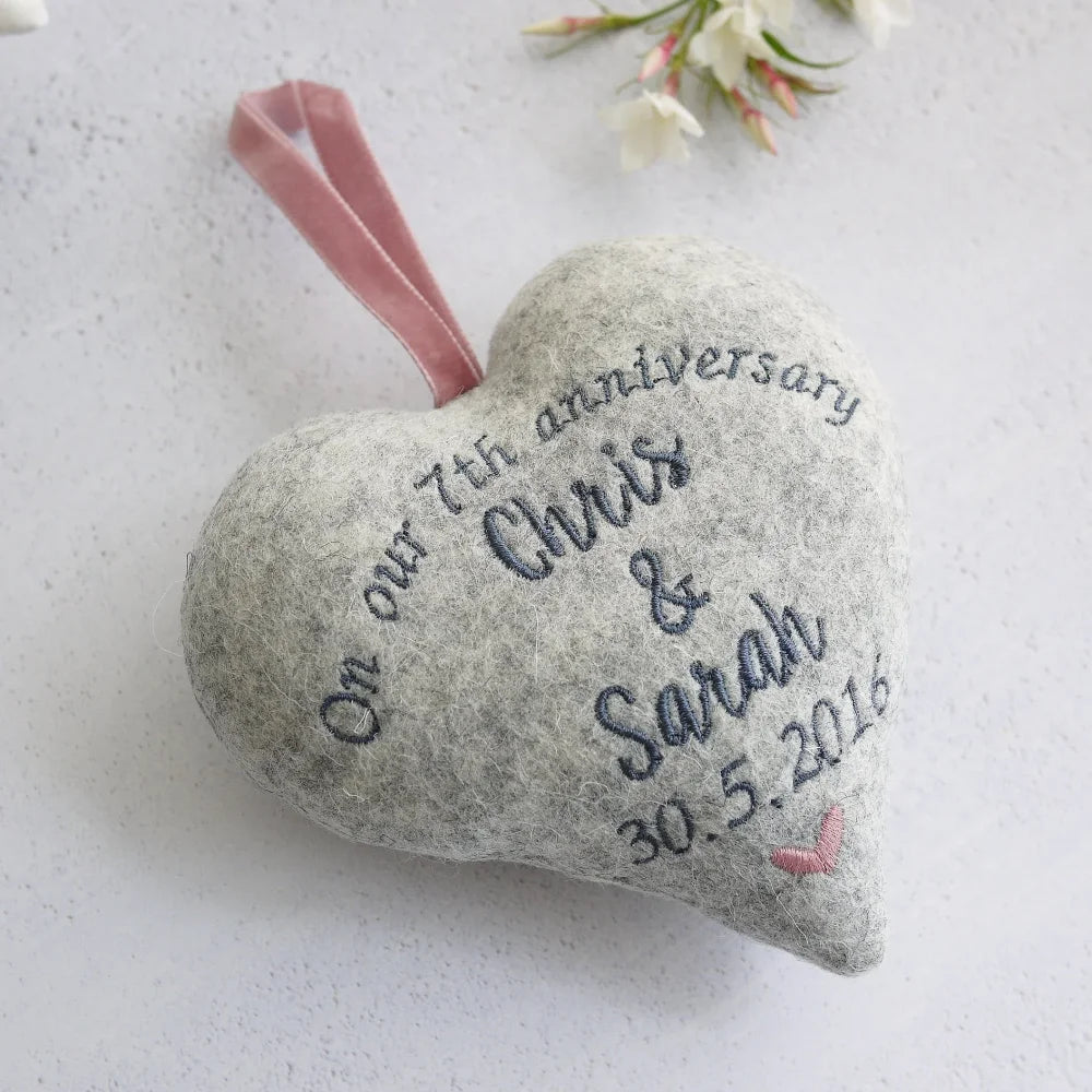 7th Wool Wedding Anniversary Embroidered Heart Set 7th Woollen Anniversary Gifts