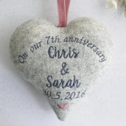 7th Anniversary Gift - Embroidered Wool Heart