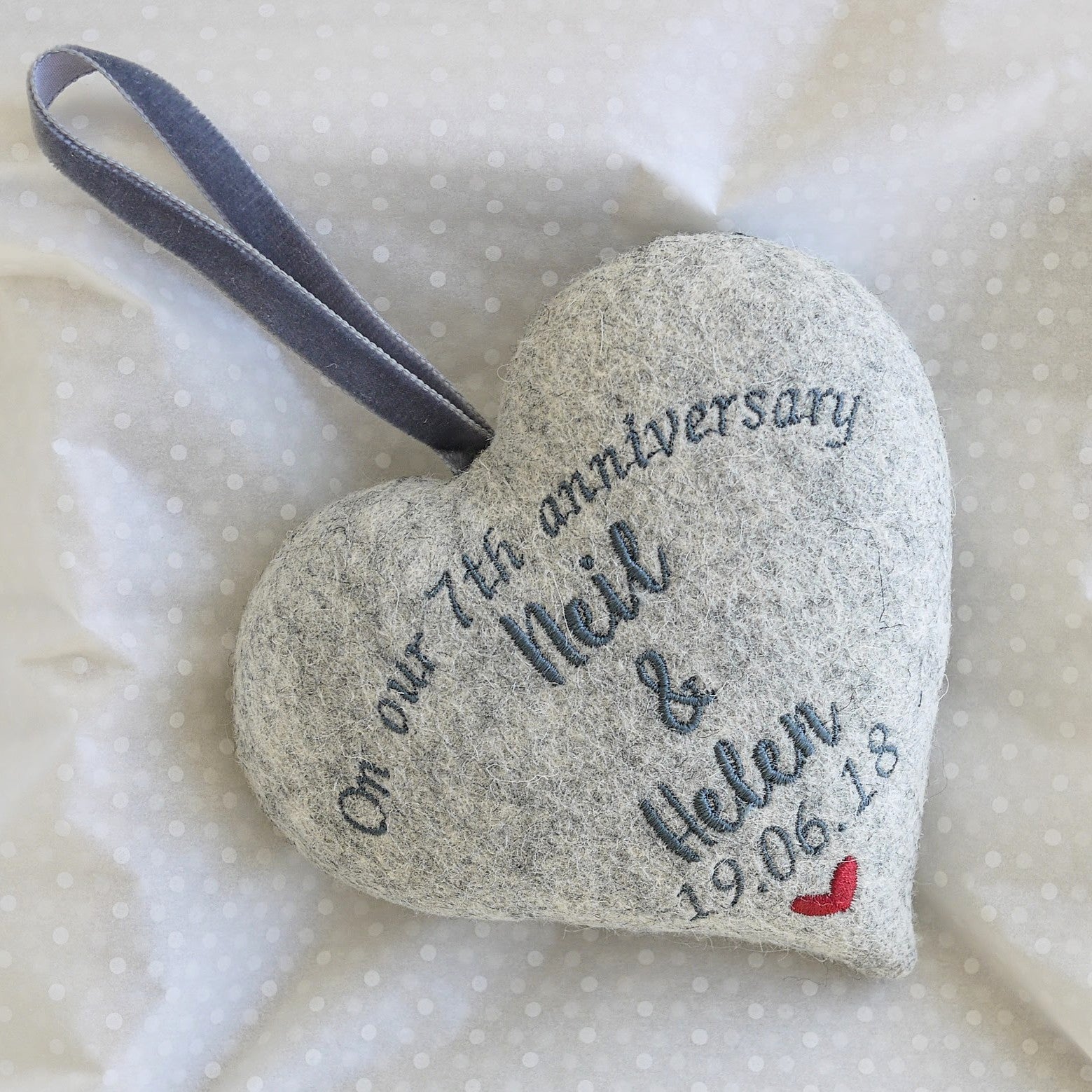 7th Anniversary Gift Embroidered Wool Heart