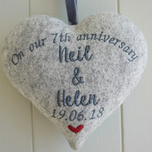 7th Anniversary Gift - Personalised Embroidered Wool Heart