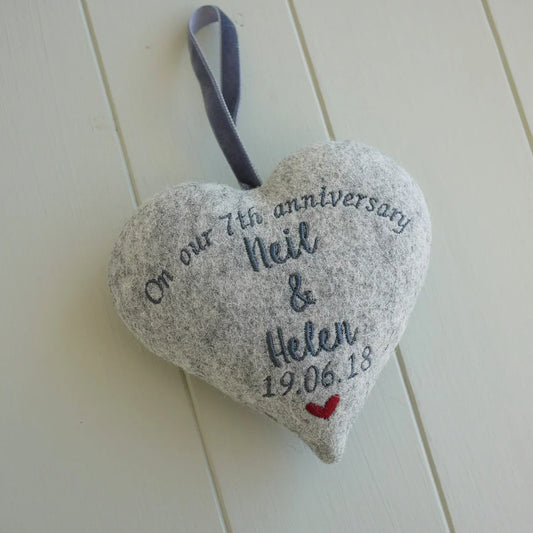 7th Anniversary Gift - Personalised Embroidered Wool Heart