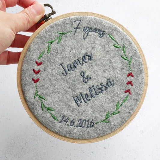 7th Wedding Anniversary Gift - Personalised Wool Embroidered Hoop