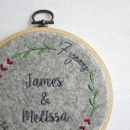 7th Wedding Anniversary Gift - Personalised Wool Embroidered Hoop