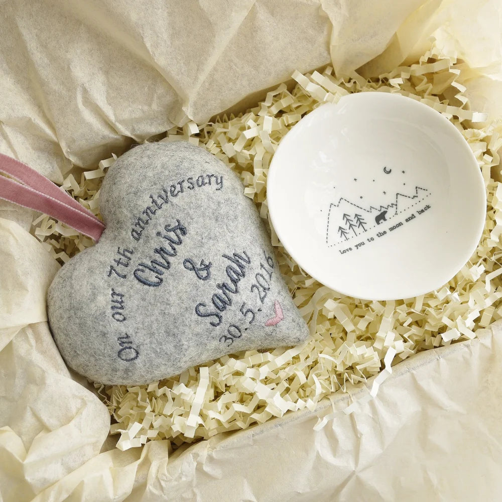 7th Wool Wedding Anniversary Heart with Ring Bowl 7th Woollen Anniversary Gifts
