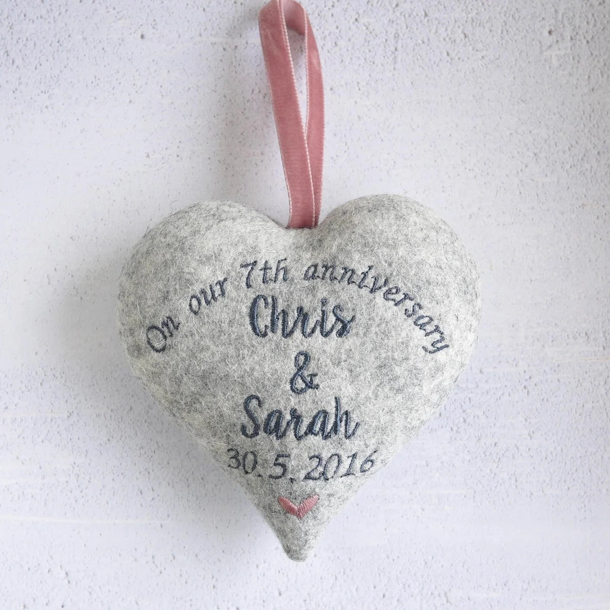 7th Wool Anniversary Embroidered Heart Gift
