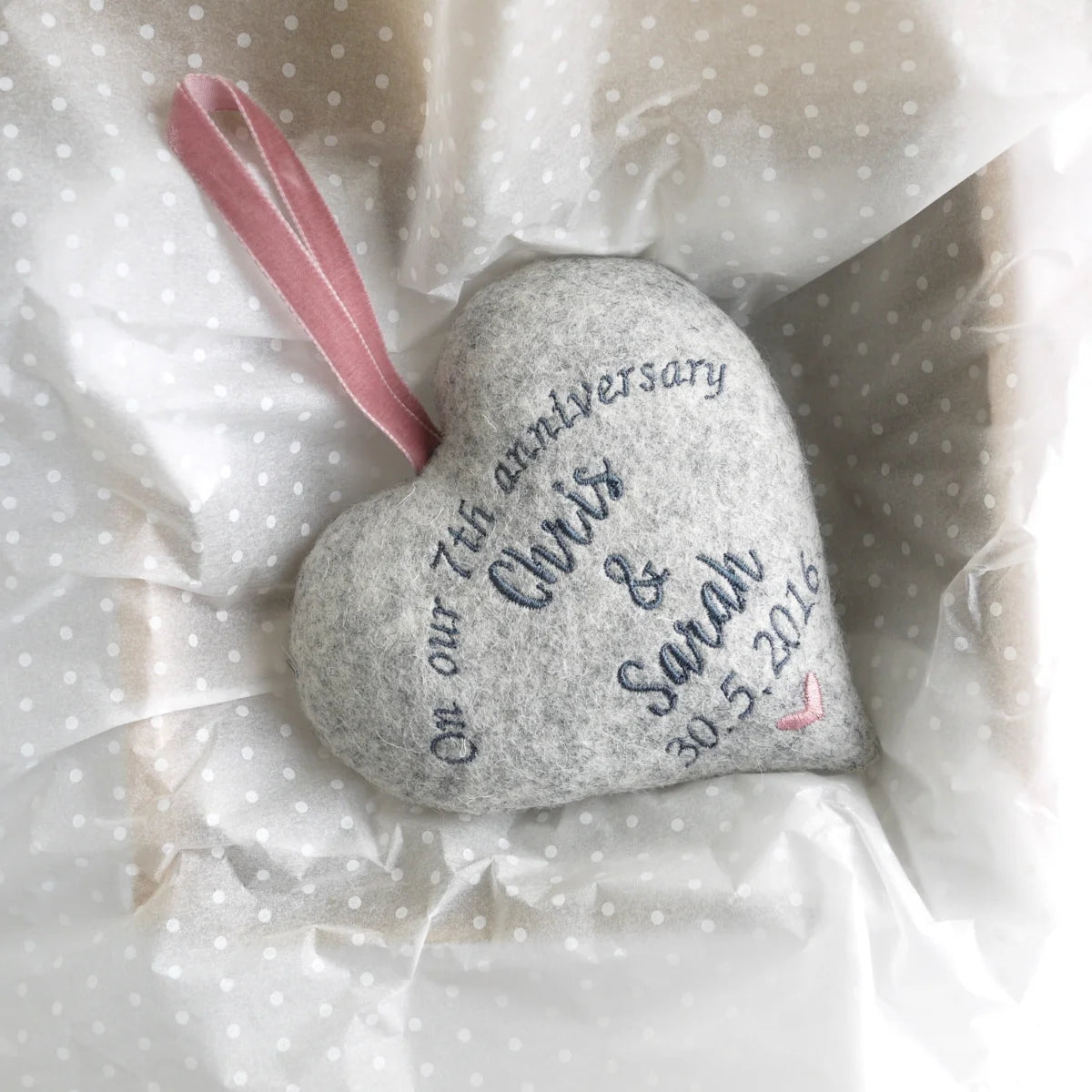 7th Wool Anniversary Embroidered Heart Gift