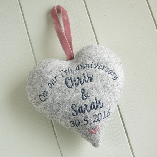 7th Wool Anniversary Embroidered Heart Gift