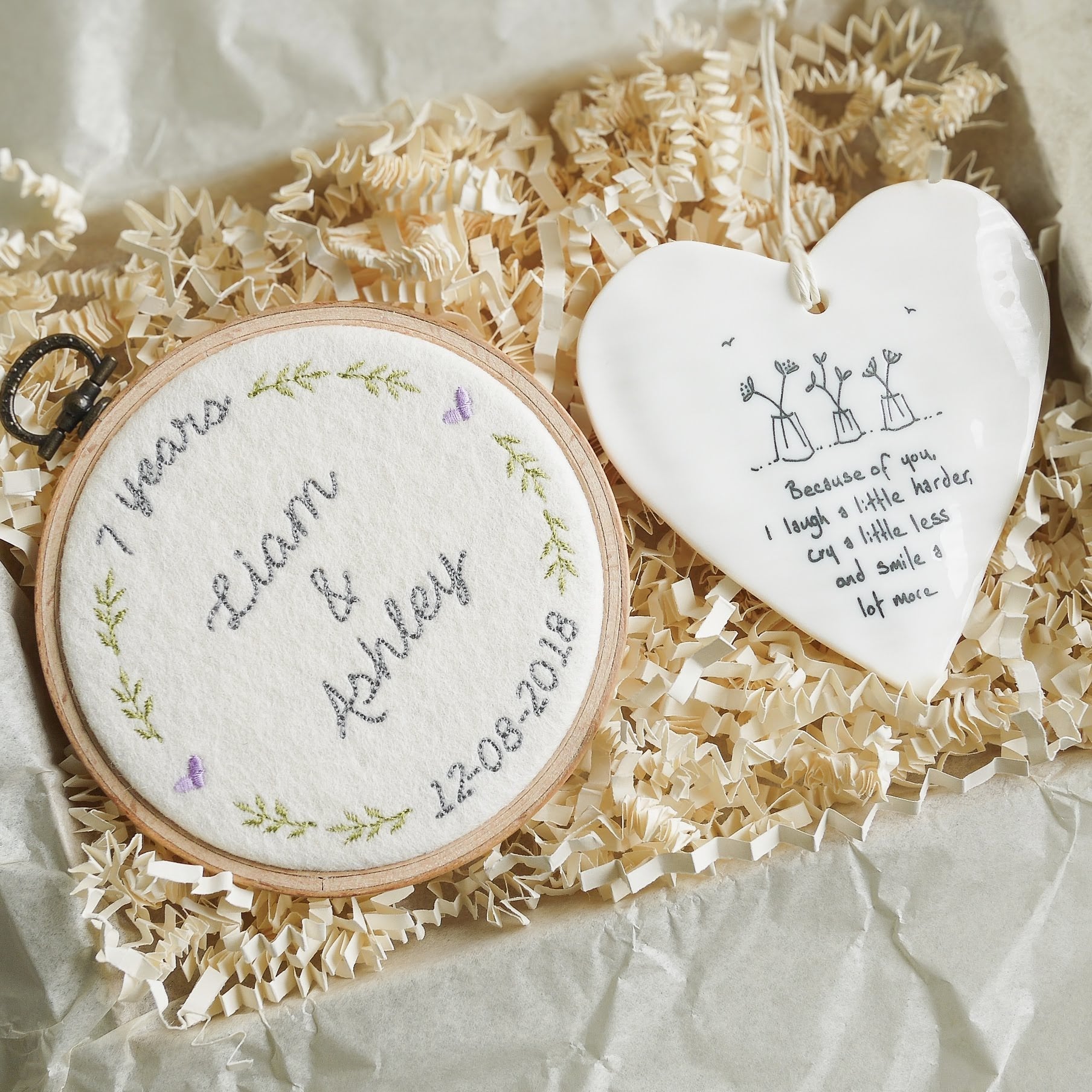 7th Wool Anniversary Personalised Gift - Embroidered Hoop with Porcelain Keepsake