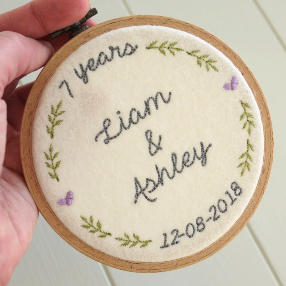 7th Wool Anniversary Personalised Gift - Embroidered Hoop with Porcelain Keepsake