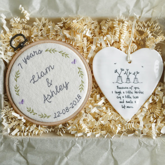 7th Wool Anniversary Personalised Gift - Embroidered Hoop with Porcelain Keepsake
