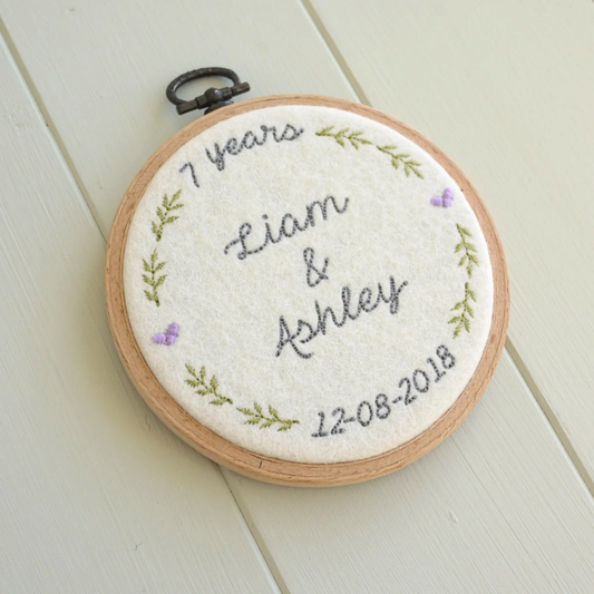 7th Wool Wedding Anniversary Gift Personalised Embroidered Hoop