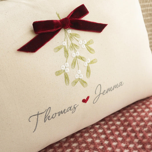 Christmas Cushion Embroidered with Mistletoe and Couples Names