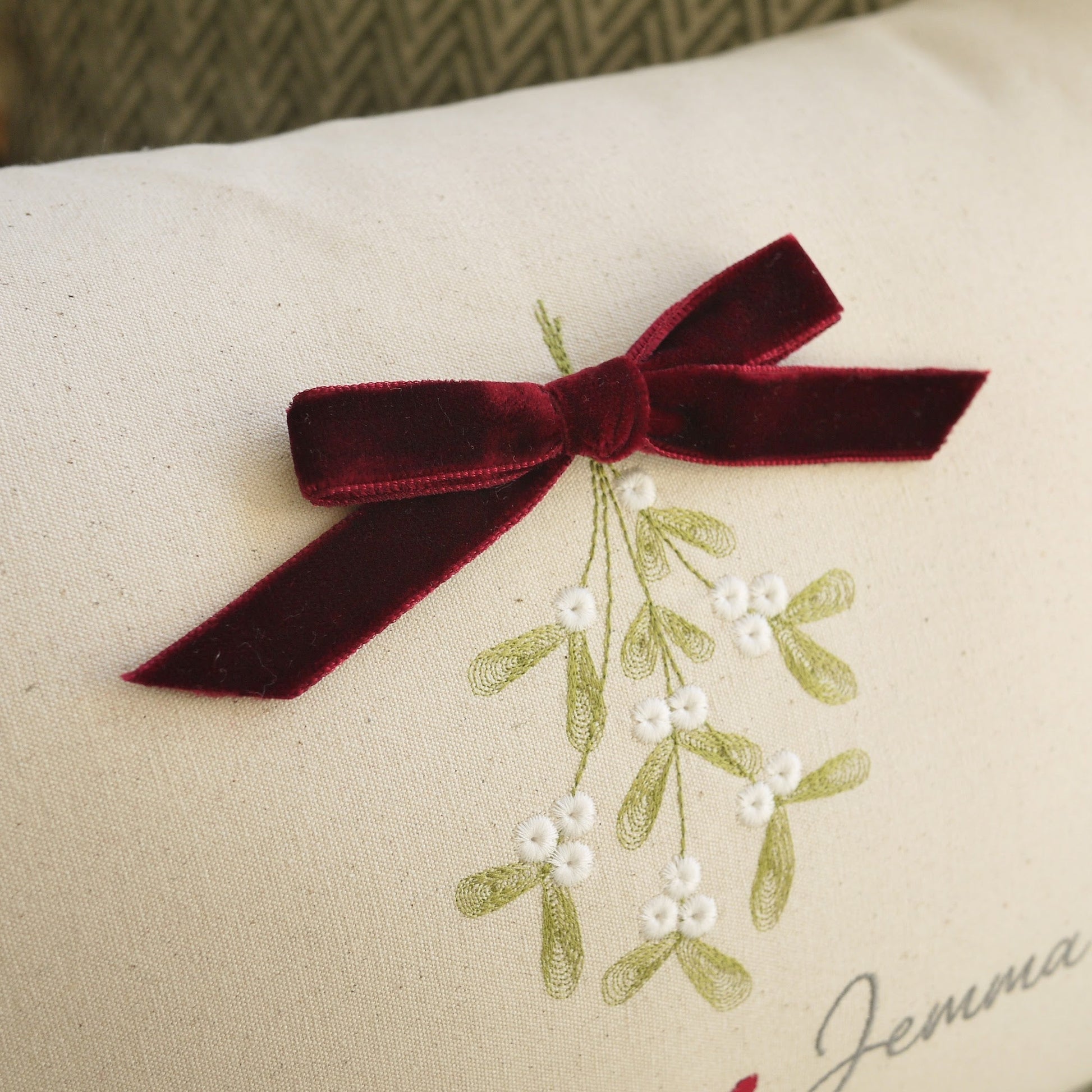 Christmas Cushion with Mistletoe and Couples Names