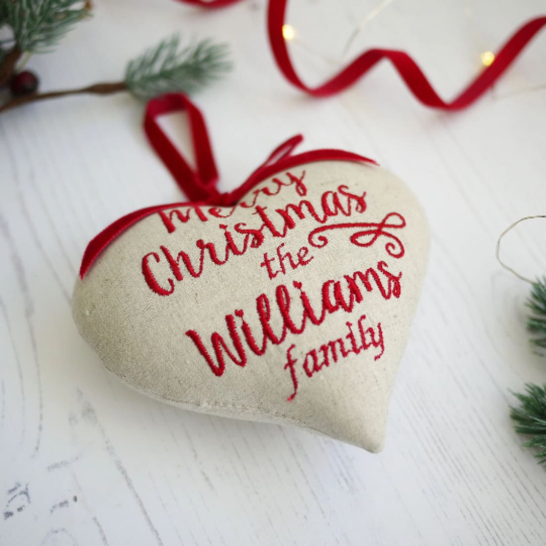 Custom Christmas Embroidered Heart Decoration - Add Your Own Message