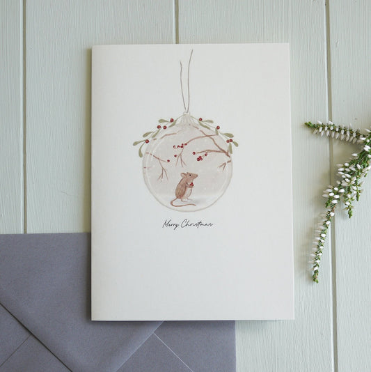 East of India Christmas card with mouse and bauble illustration