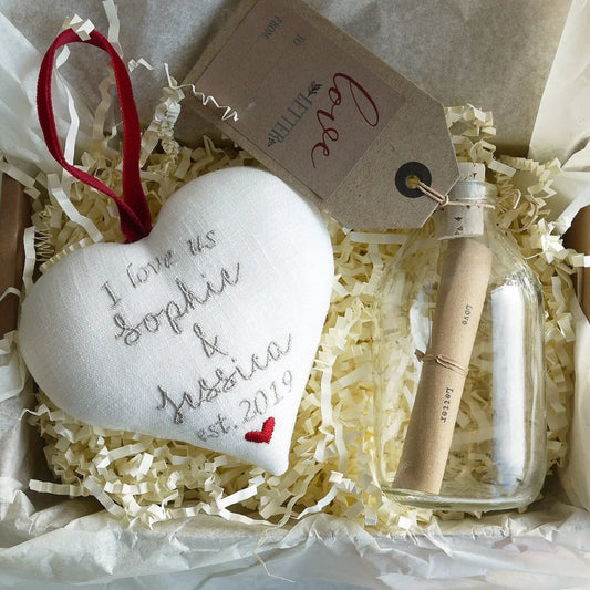 Embroidered Heart Gift and Love Letter in a Bottle