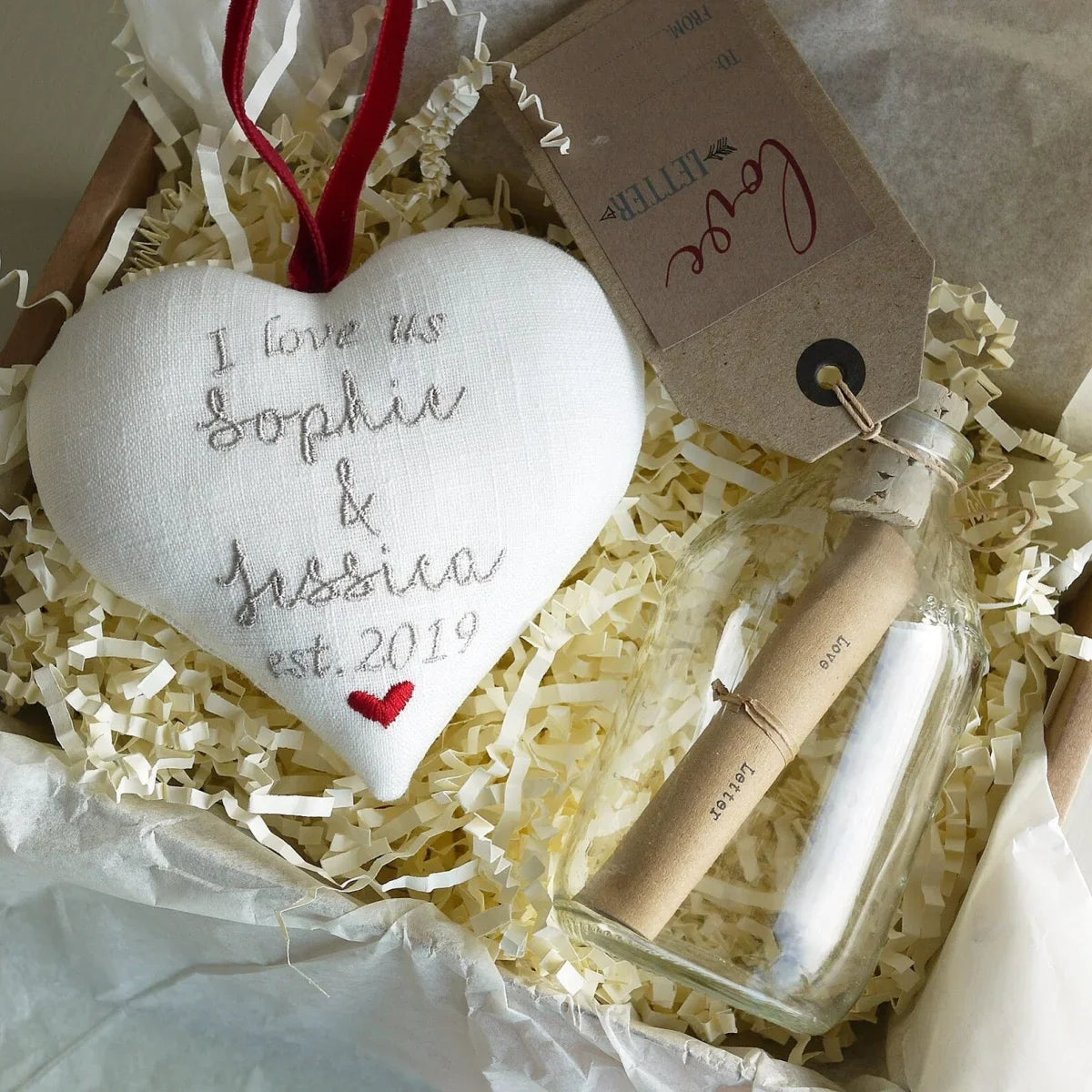 Embroidered Heart Gift and Love Letter in a Bottle