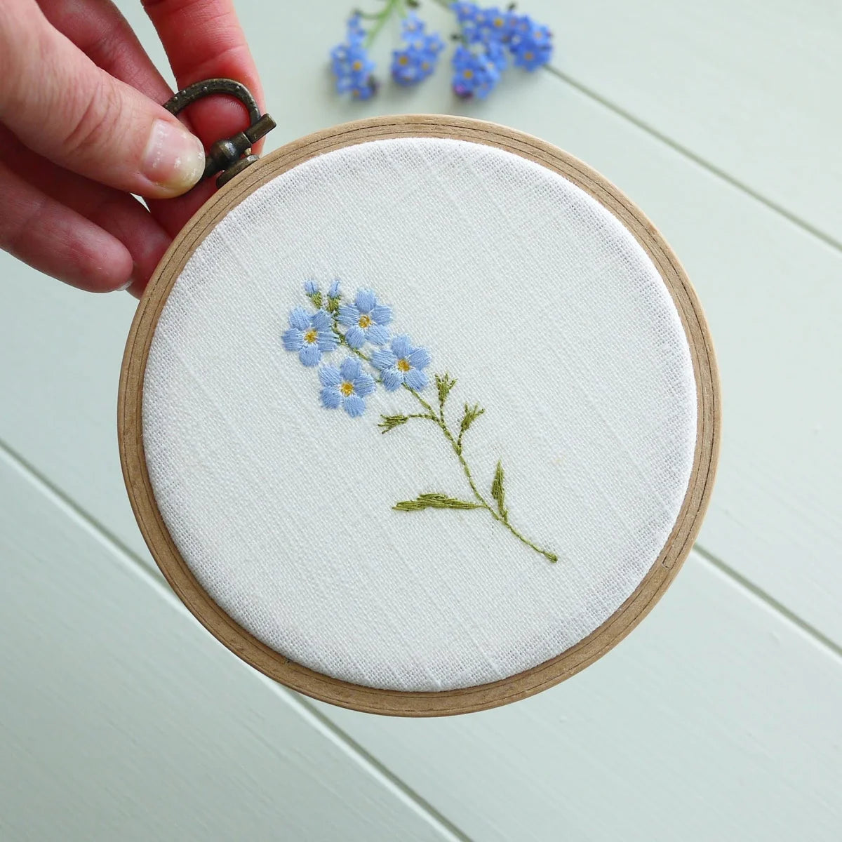 Handmade Embroidered Forget Me Not Flower Gift Hoop