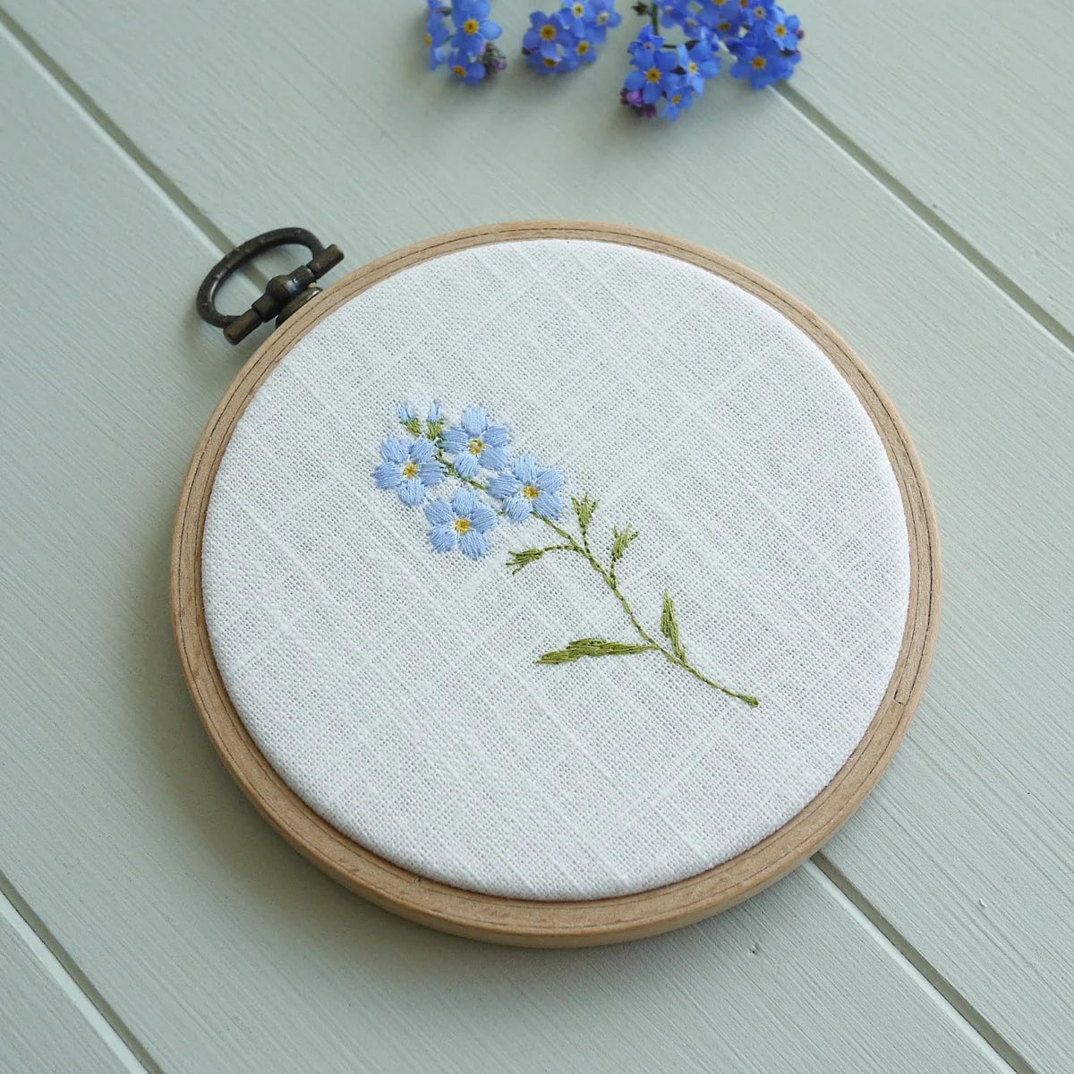 Handmade Embroidered Forget Me Not Flower Gift Hoop