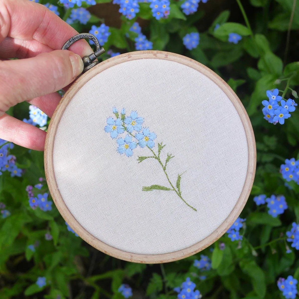 Handmade Embroidered Forget Me Not Flower Gift Hoop