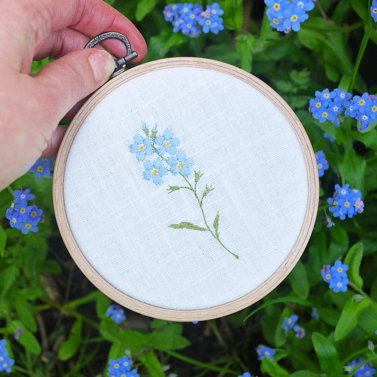 Handmade Embroidered Forget Me Not Flower Gift Hoop