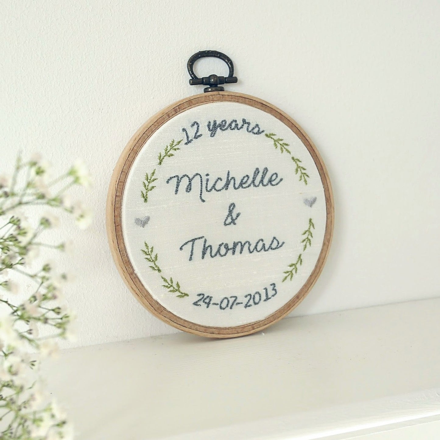 Personalised 12th Anniversary Embroidered Silk Hoop Gift