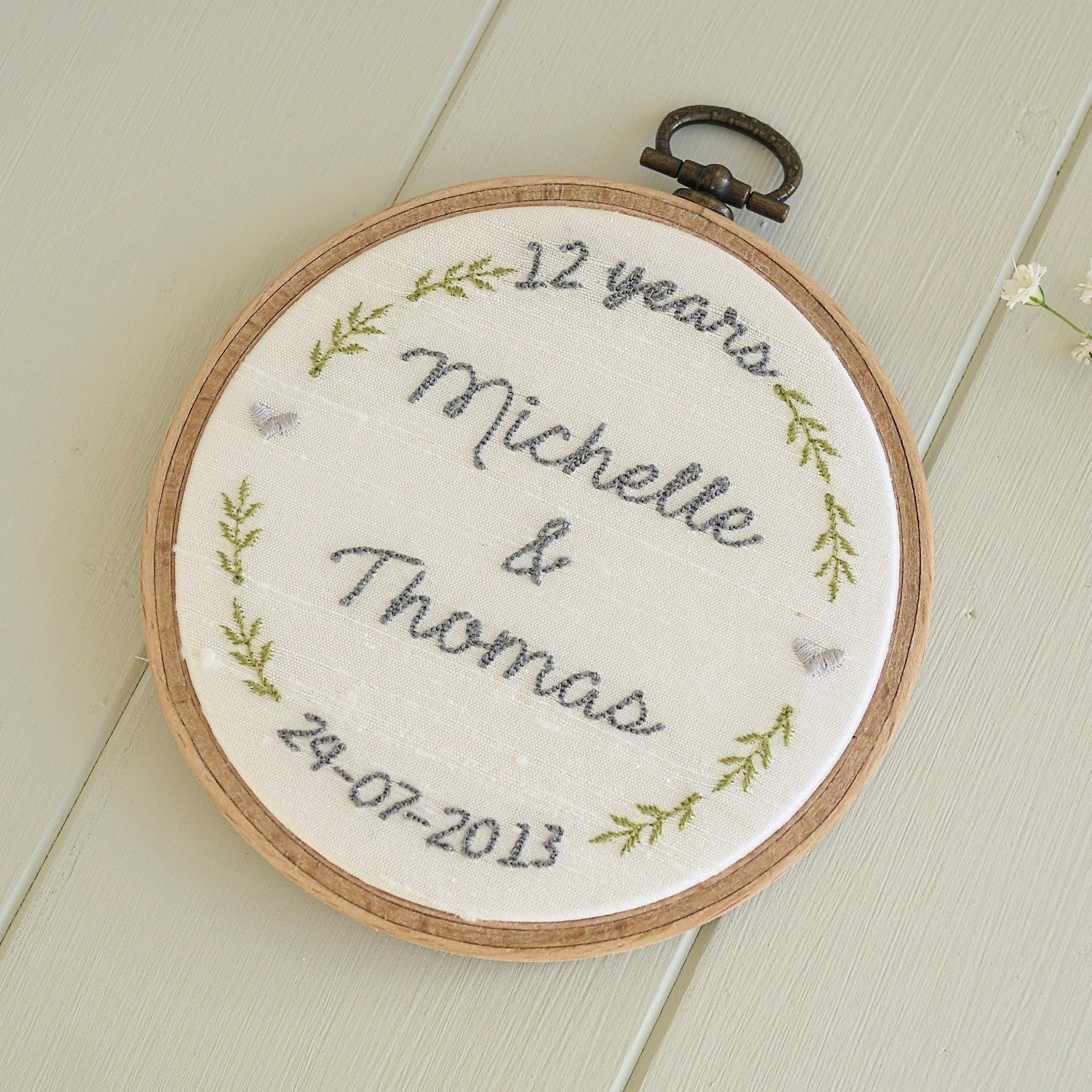 Personalised 12th Anniversary Embroidered Silk Hoop Gift