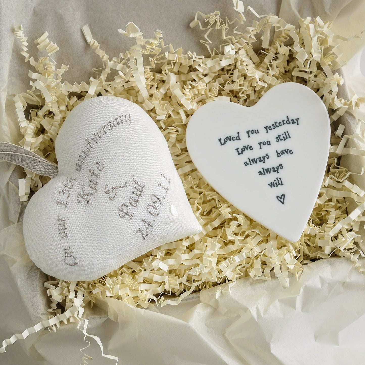 Personalised 13th Anniversary Gift Heart with Porcelain Heart Coaster