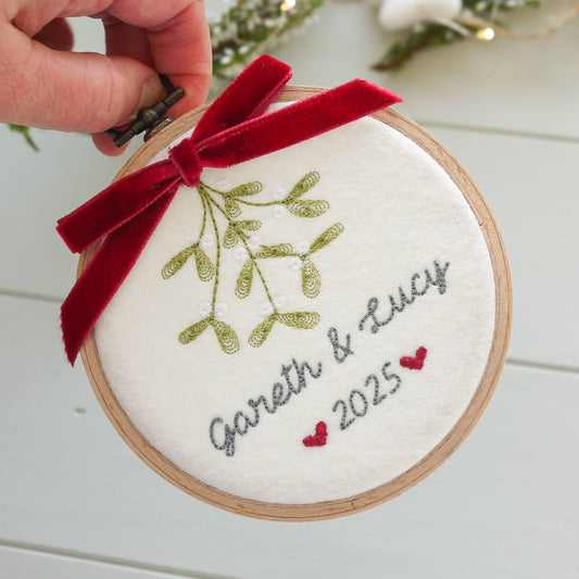 Personalised 1st Christmas as a Couple - Embroidered Mistletoe Hoop Decoration
