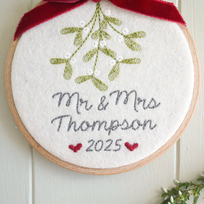 Personalised 1st Christmas as Mr and Mrs Gift - Embroidered Mistletoe Decoration
