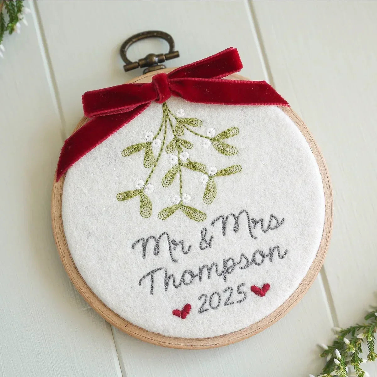 Personalised 1st Christmas as Mr and Mrs Gift - Embroidered Mistletoe Decoration
