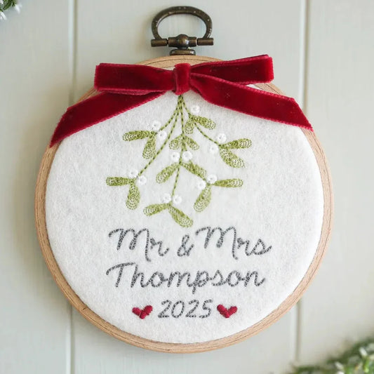 Personalised 1st Christmas as Mr and Mrs Gift - Embroidered Mistletoe Decoration