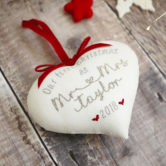 Personalised 1st Christmas Married Gift - Embroidered Heart with Scalloped Edge Decoration