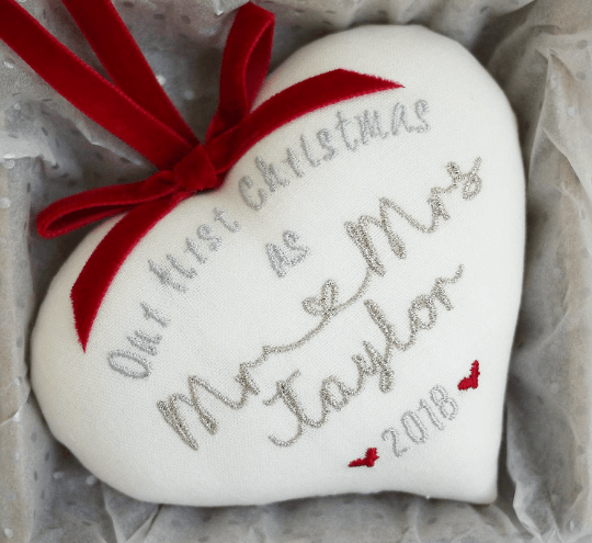 Personalised 1st Christmas Married Gift - Embroidered Heart with Scalloped Edge Decoration