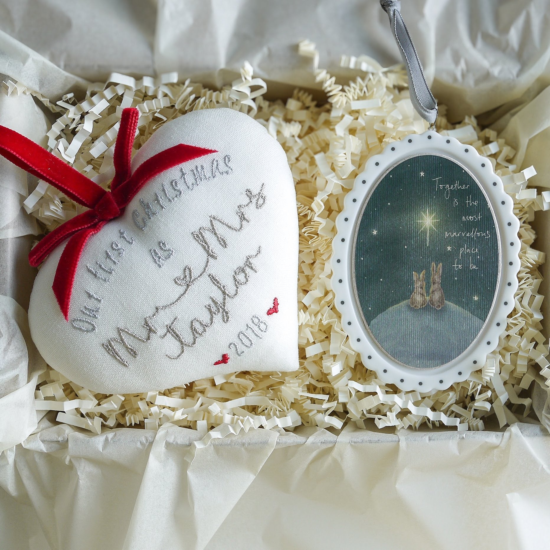 Personalised 1st Christmas Married Gift - Embroidered Heart with Scalloped Edge Decoration