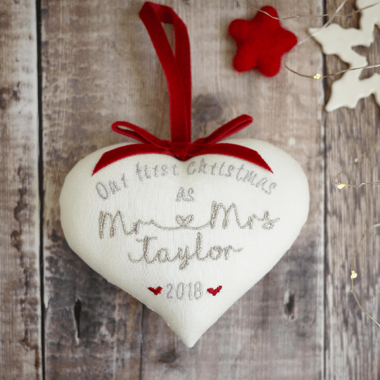 Personalised 1st Christmas Married Gift - Embroidered Heart with Scalloped Edge Decoration