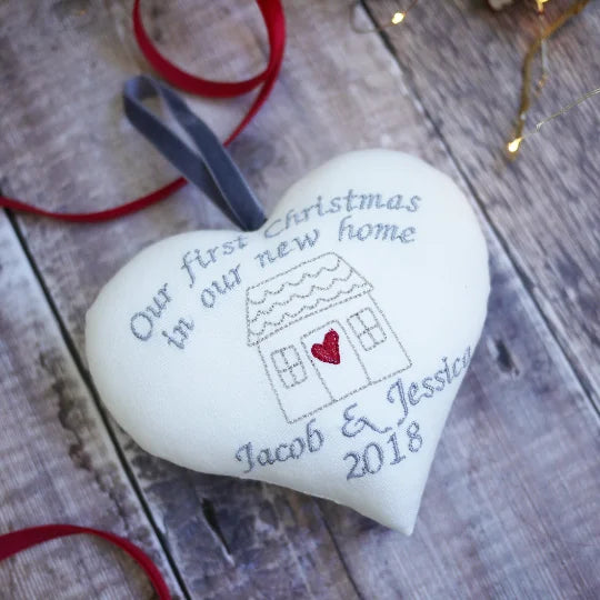 Personalised 1st Christmas New Home Gift Heart - Embroidered Names and Message