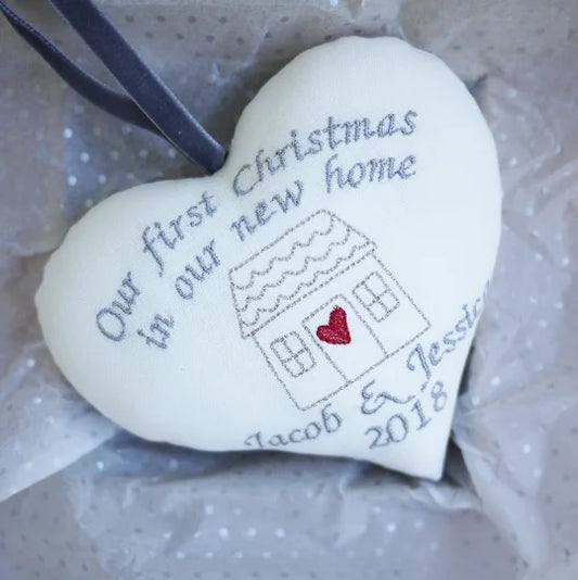 Personalised 1st Christmas New Home Gift Heart - Embroidered Names and Message