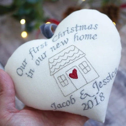 Personalised 1st Christmas New Home Gift Heart - Embroidered Names and Message