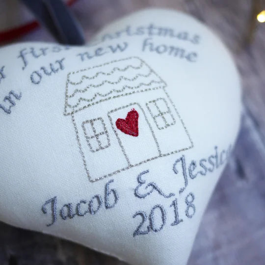 Personalised 1st Christmas New Home Gift Heart - Embroidered Names and Message