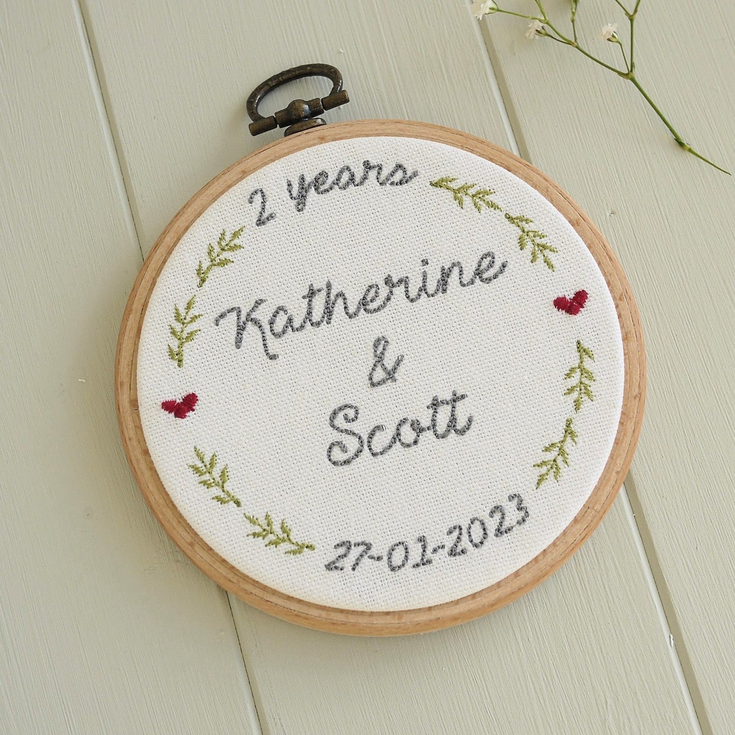 Personalised 2nd Anniversary Embroidered Cotton Hoop Gift