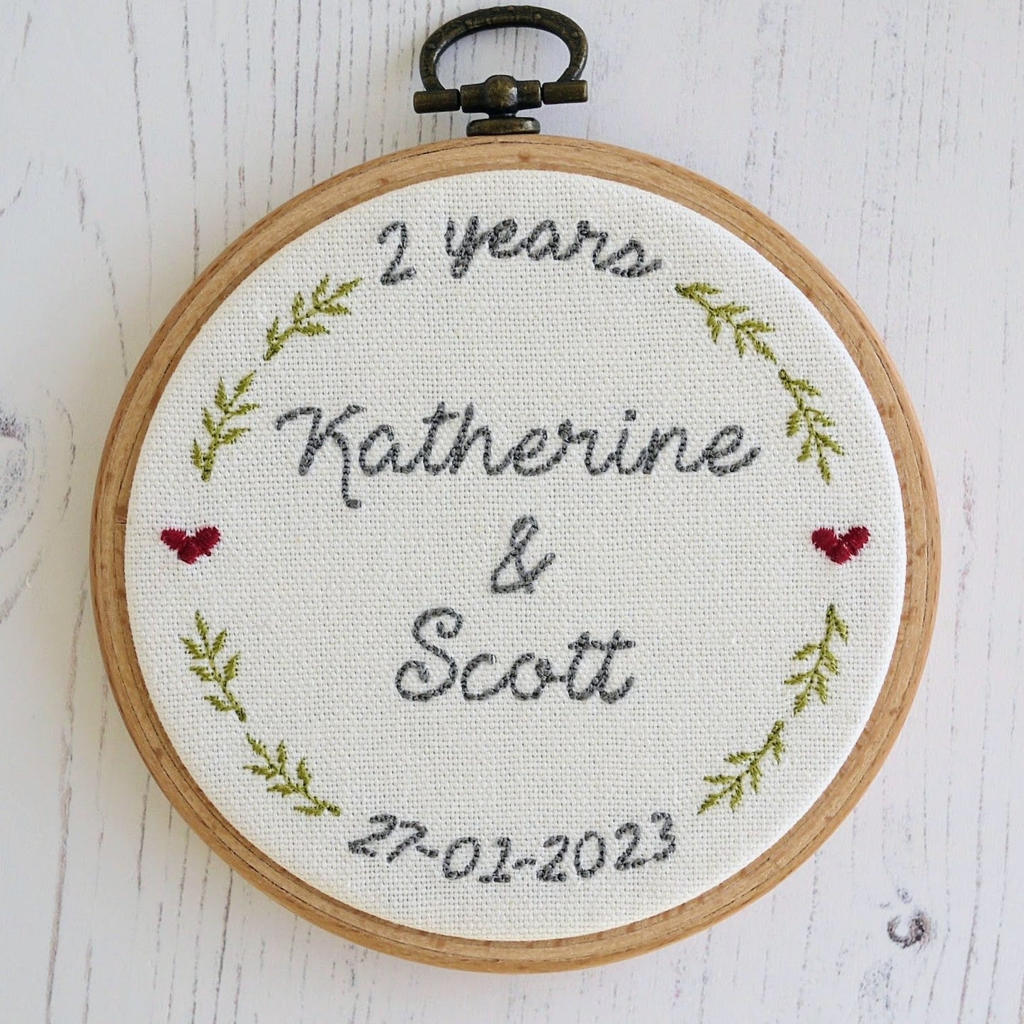 Personalised 2nd Anniversary Embroidered Cotton Hoop Gift