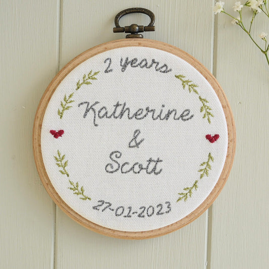 Personalised 2nd Anniversary Embroidered Cotton Hoop Gift